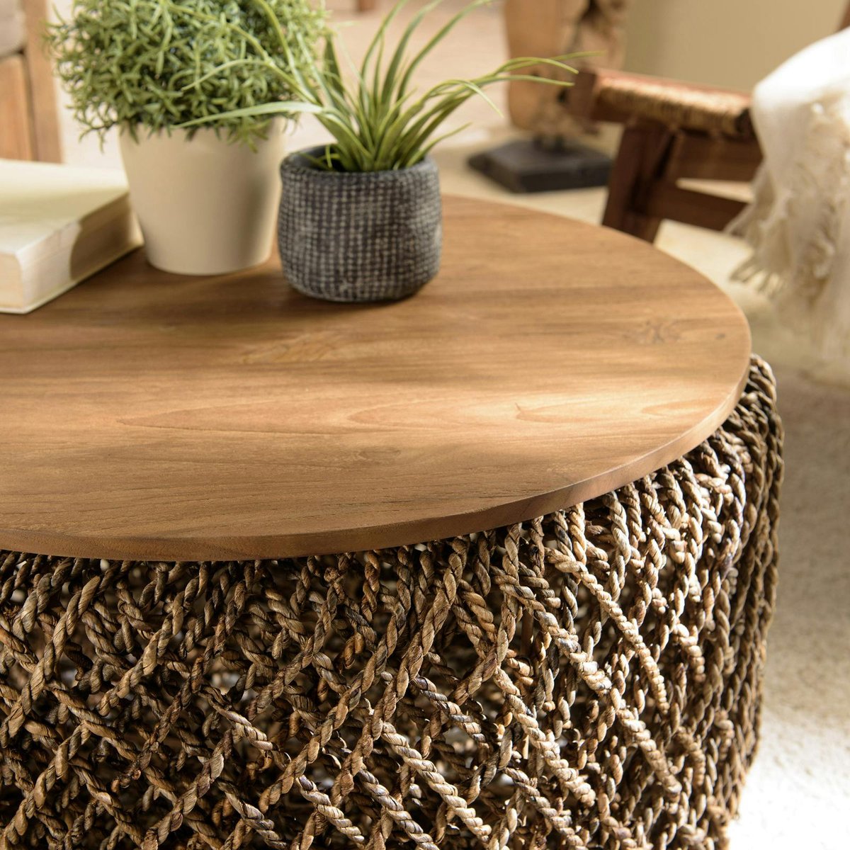 Table basse ronde 70 cm fibre tressée et bois SWING bois naturel, PIER IMPORT