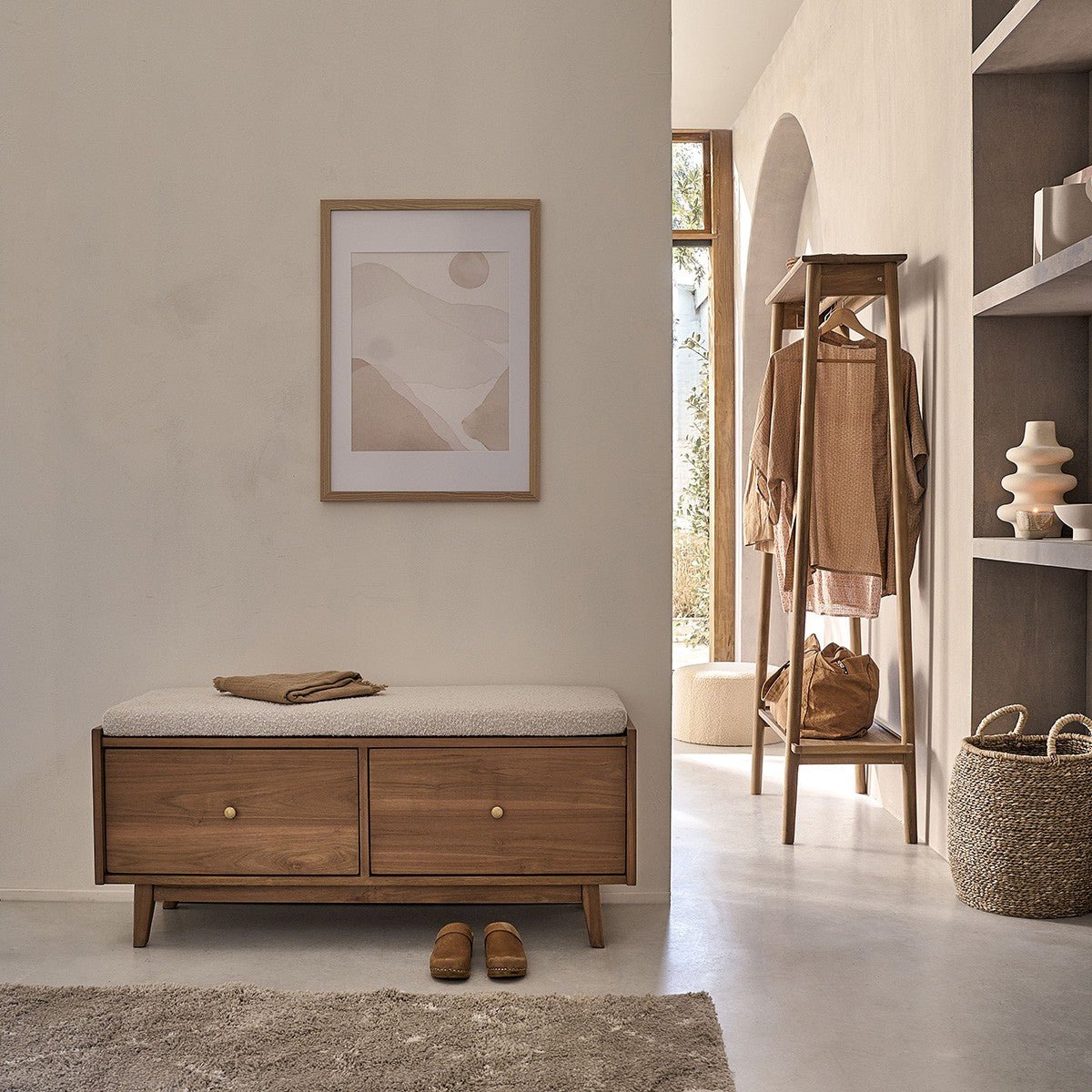 Banc en bois de teck et tissu bouclette 120 cm  SERENE naturel, BERAH GETAH