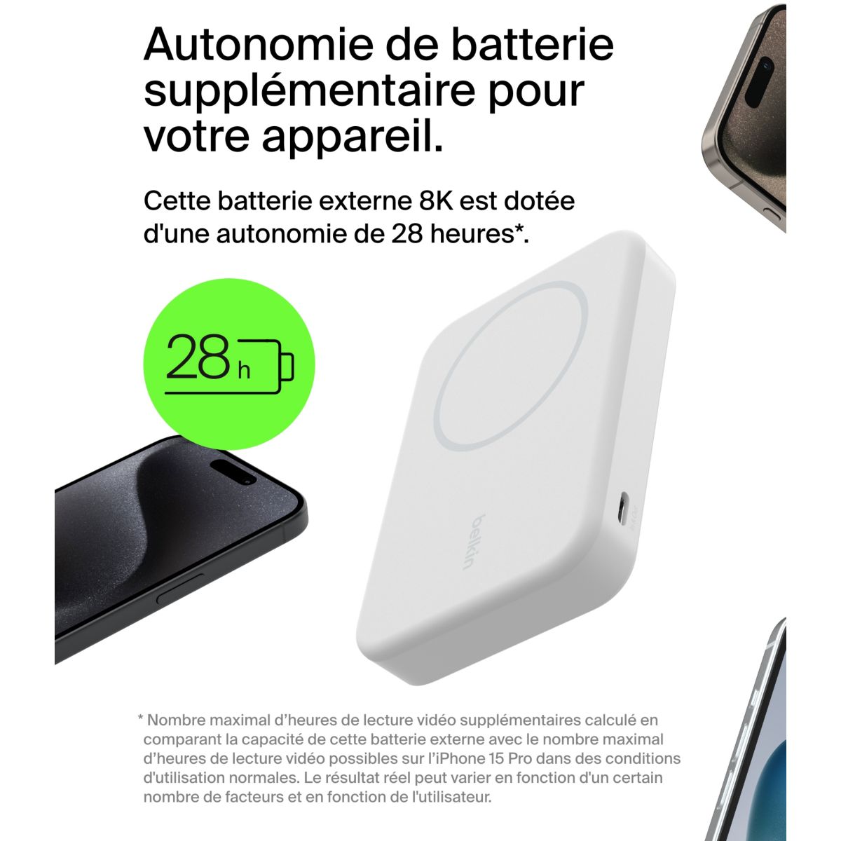 Batterie externe 8000 mAh 15W MagSafe avec support couleur unique, BELKIN