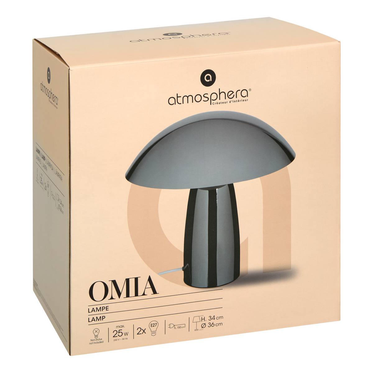 Lampe à poser en acier 2 douilles OMIA argent, ATMOSPHERA