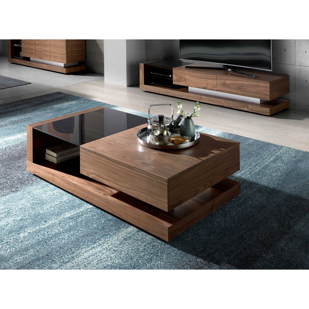 Table basse rectangulaire Table basse rectangulaire Verre noir et noyer noyer | noir | acier, ANGEL CERDA