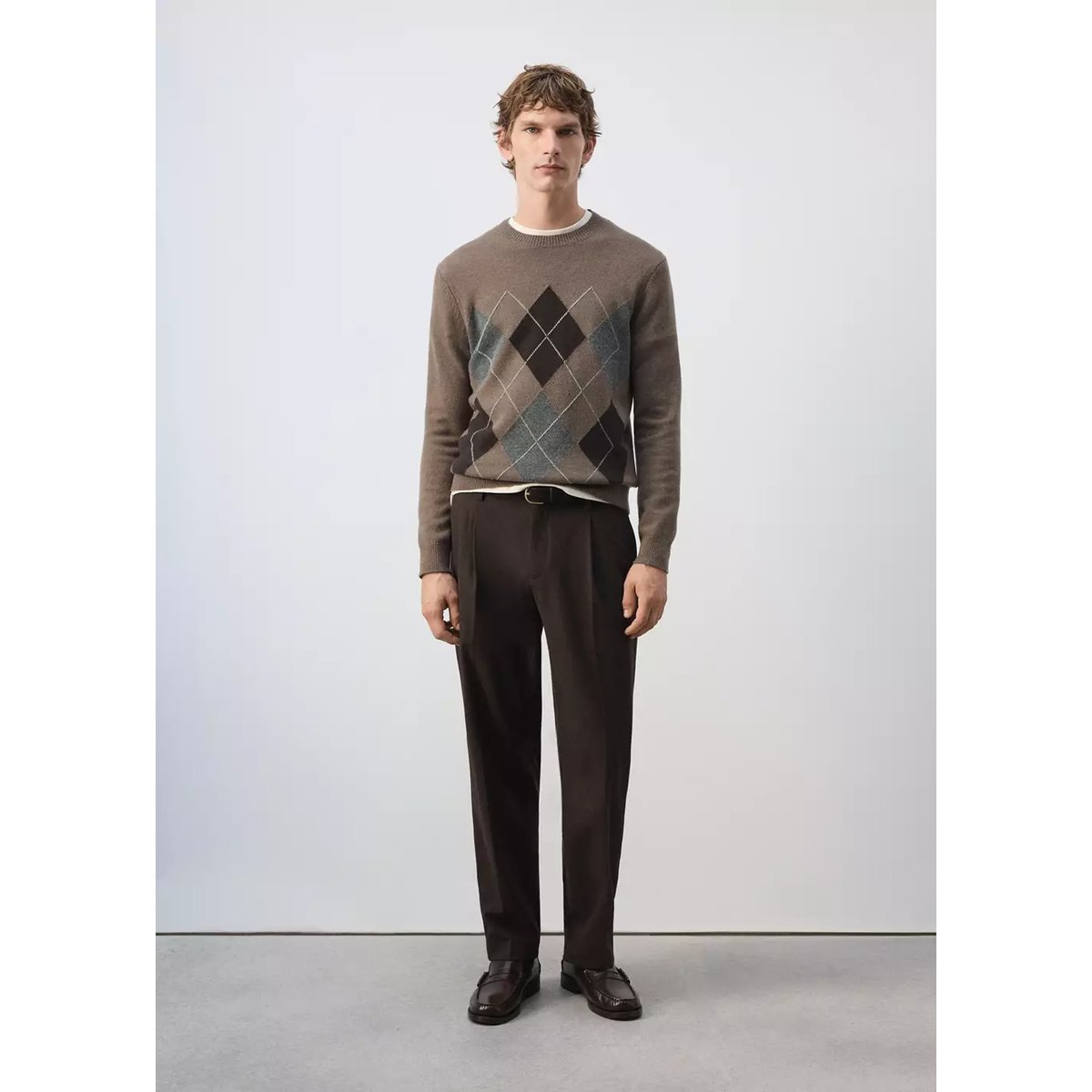 Pull-over maille laine mélangée marron moyen, MANGO MAN