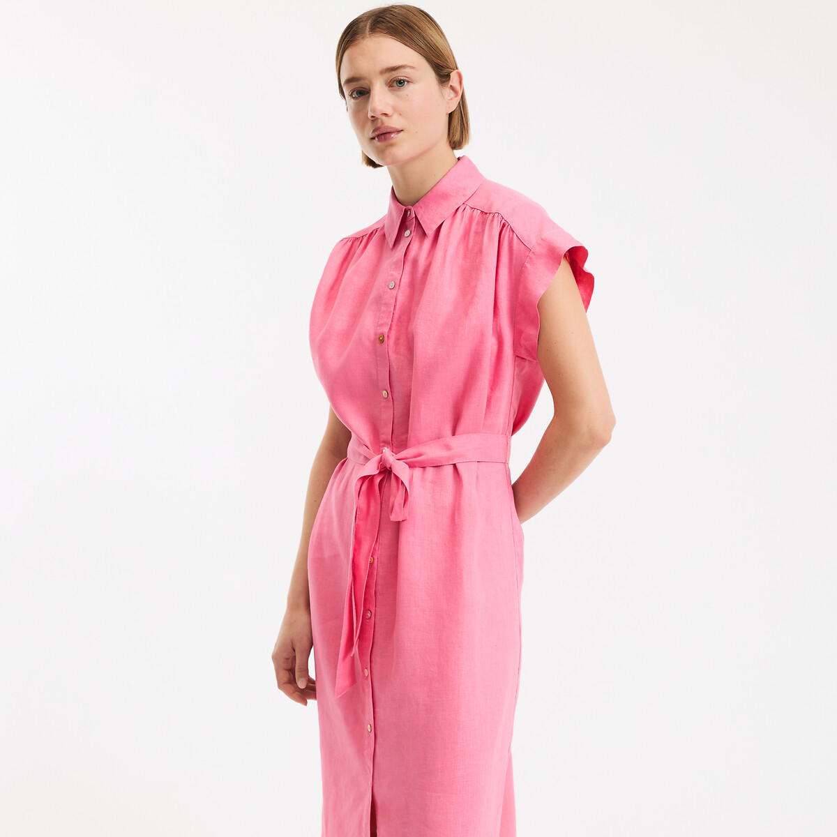 Robe en lin à manches courtes Signature HELOÏSE rose fuchsia, LA REDOUTE COLLECTIONS