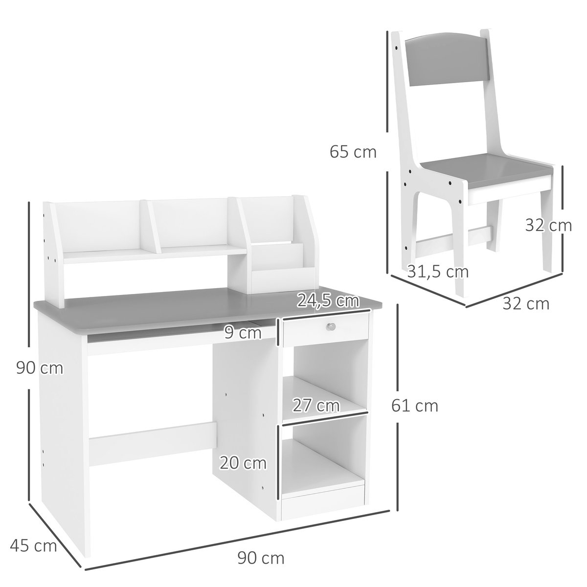Bureau d'étude pour enfants avec chaise MDF gris et blanc, ZONEKIZ