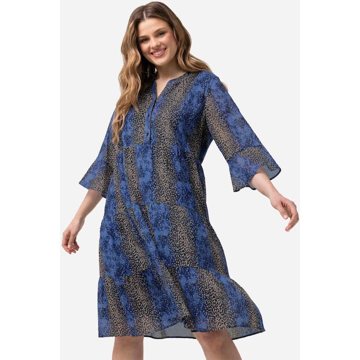 Robe midi à manches 3/4 volantées. marine, ULLA POPKEN