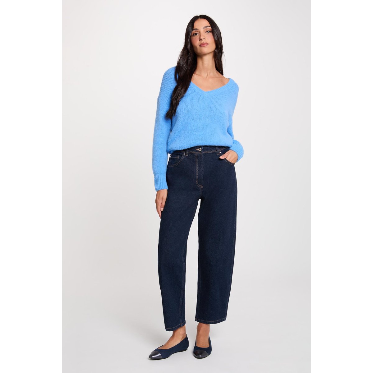 Pull col v manches longues bleu, MORGAN