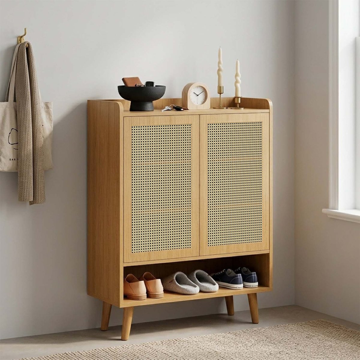 Meuble à chaussures avec cannage, MELVINE chêne, MEUBLES COSY