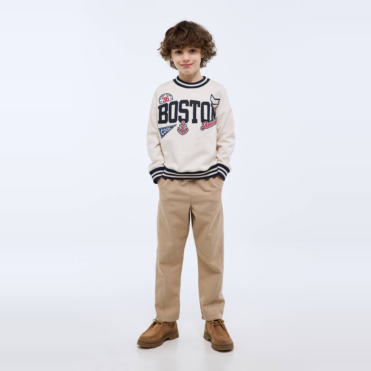 Pantalon droit taille élastiquée en coton beige, MONOPRIX