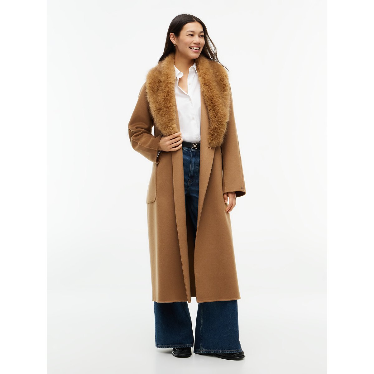 Manteau long ceinturé à col duveteux amovible marron, TOMMY HILFIGER