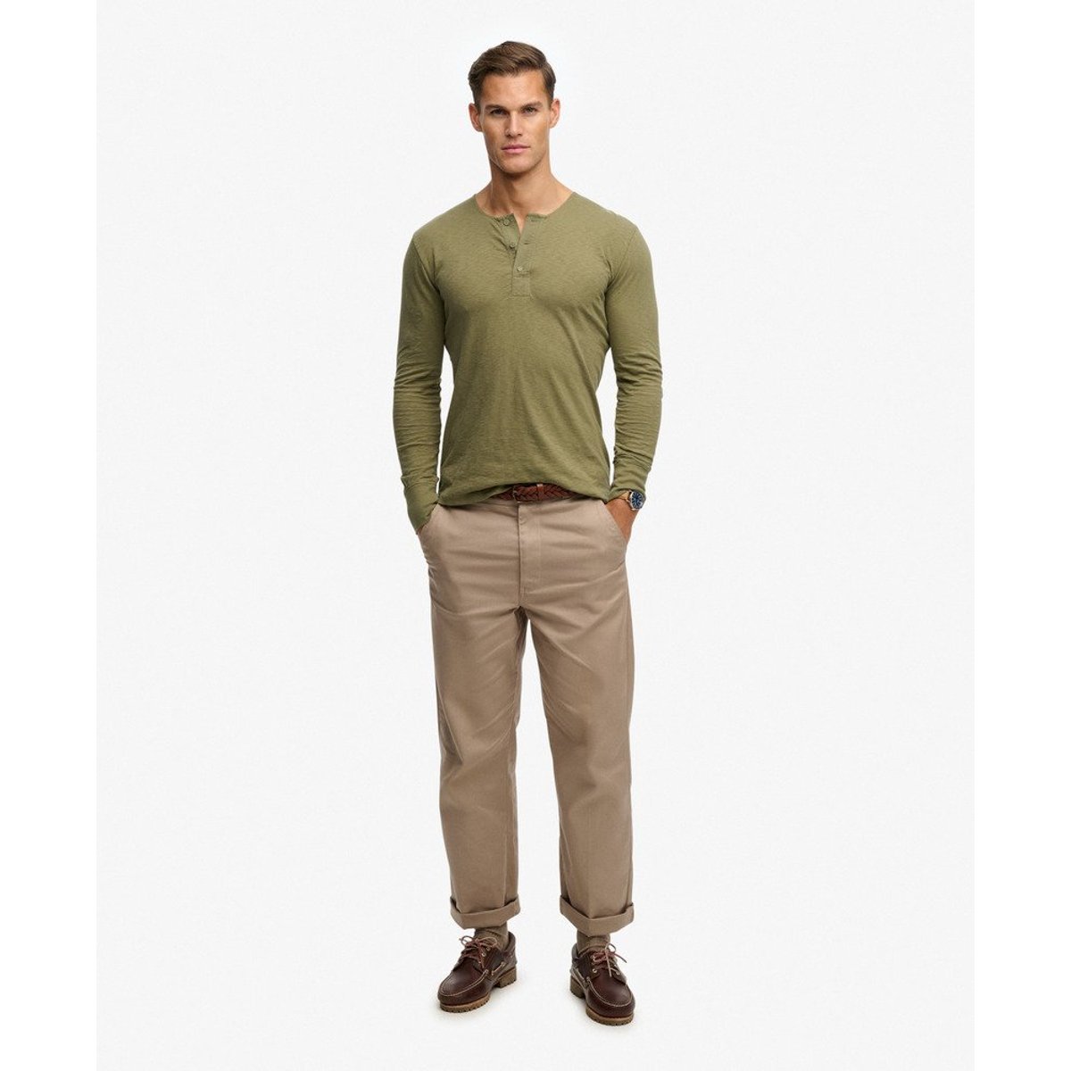 T-shirt Henley Léger The Merchant Store kaki sauvage, SUPERDRY