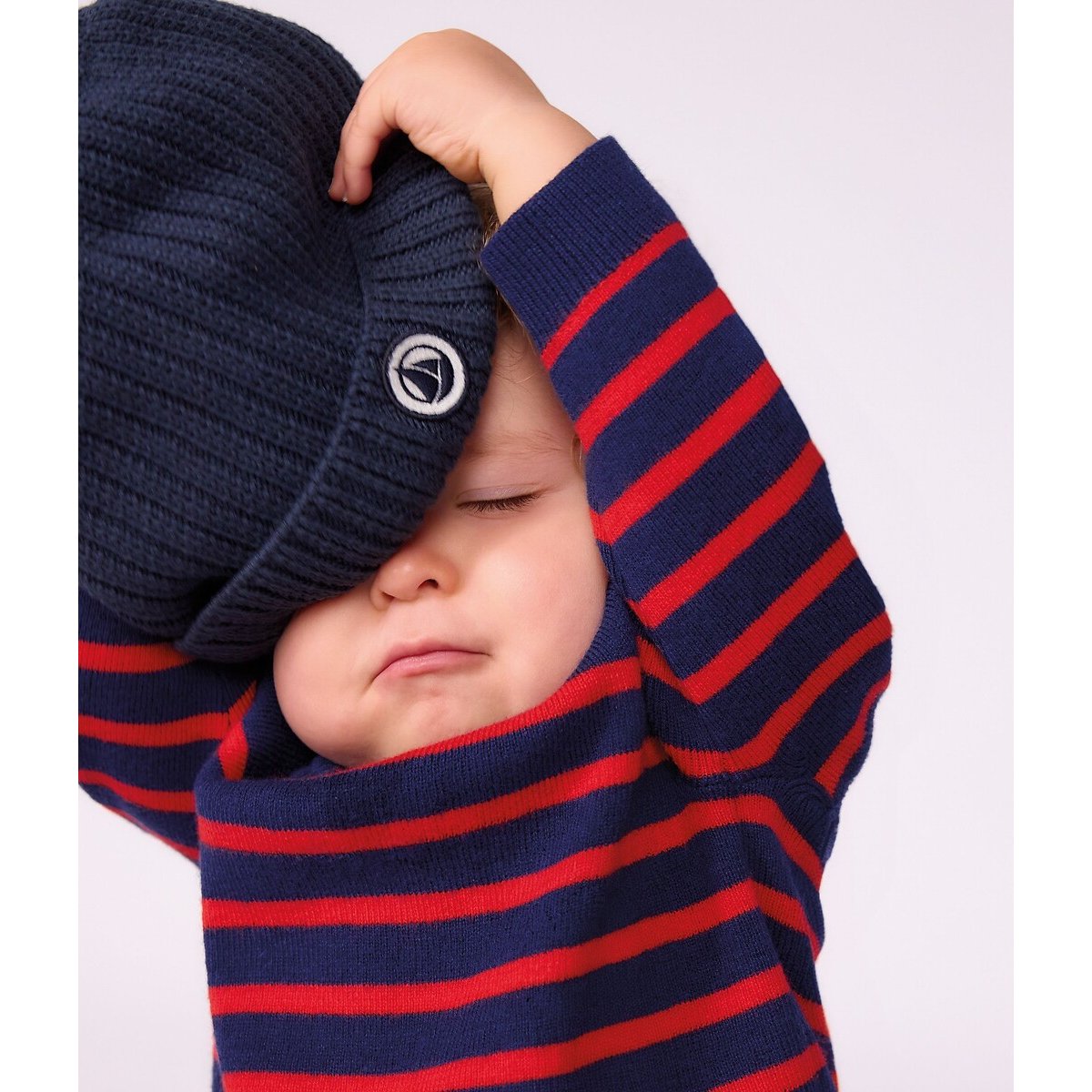 Bonnet bébé uni en tricot doublé polaire bleu marine, PETIT BATEAU