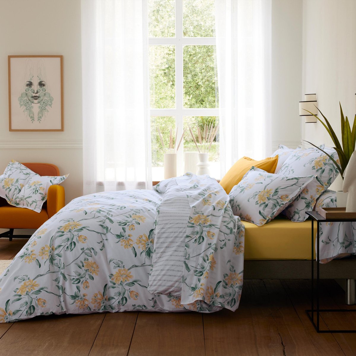 Taie de traversin percale de coton floral vert, TRADILINGE