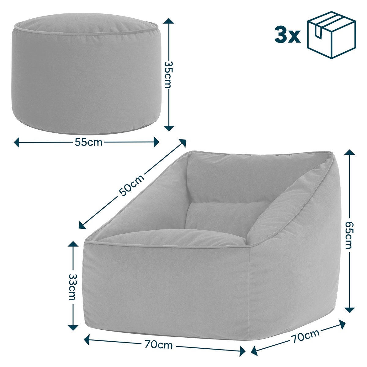 Pouf fauteuil salon et son repose-pied rond en velours mat Oeko-Tex® - NATALIA bleu canard, ICON