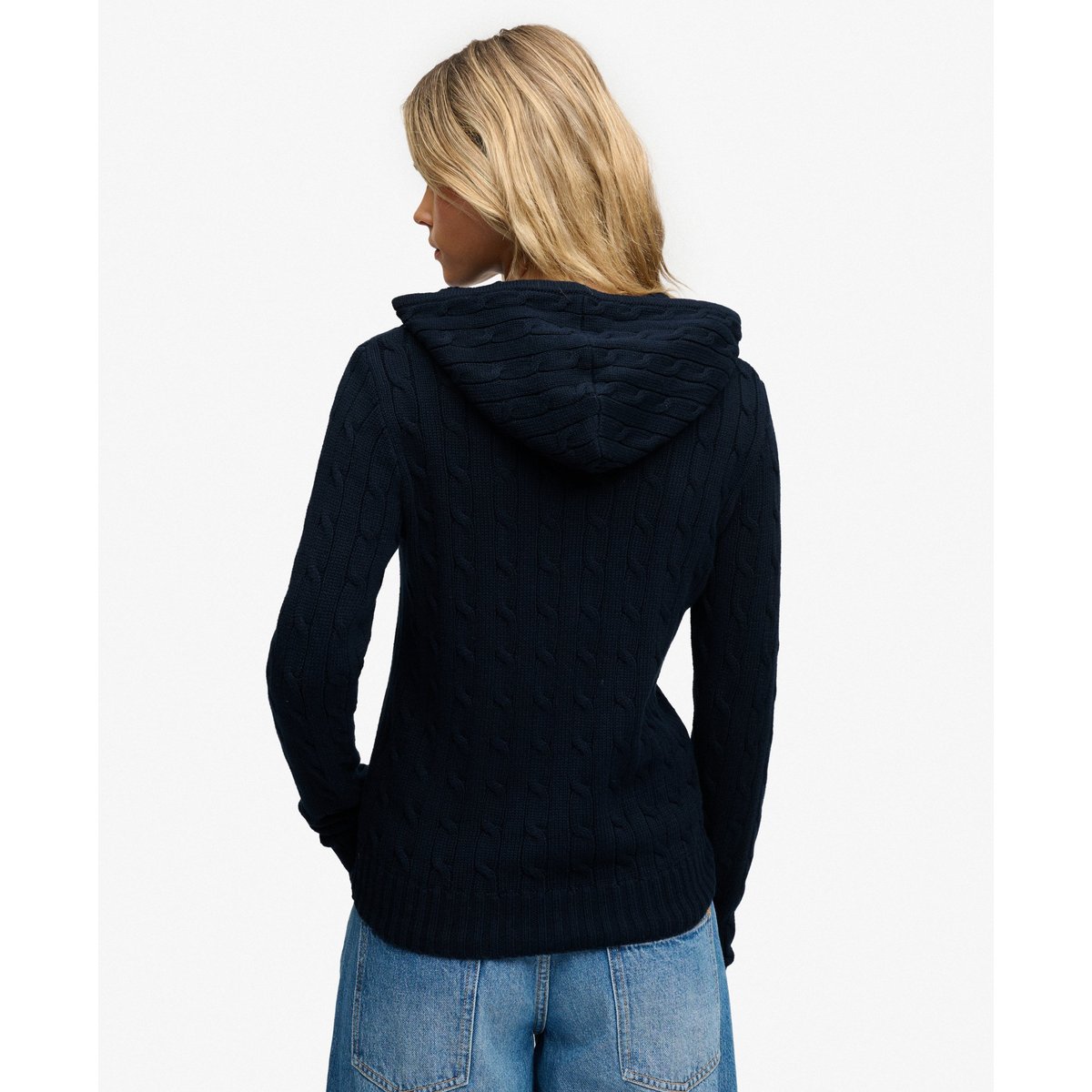 Sweat zippé à capuche Cable Knit coupe ajustée bleu marine éclipse, SUPERDRY