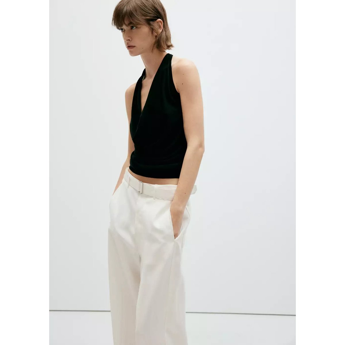 Pantalon droit avec ceinture blanc, MANGO