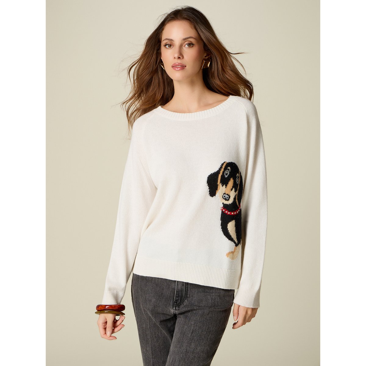 Pull avec motif jacquard et strass gris, OLTRE