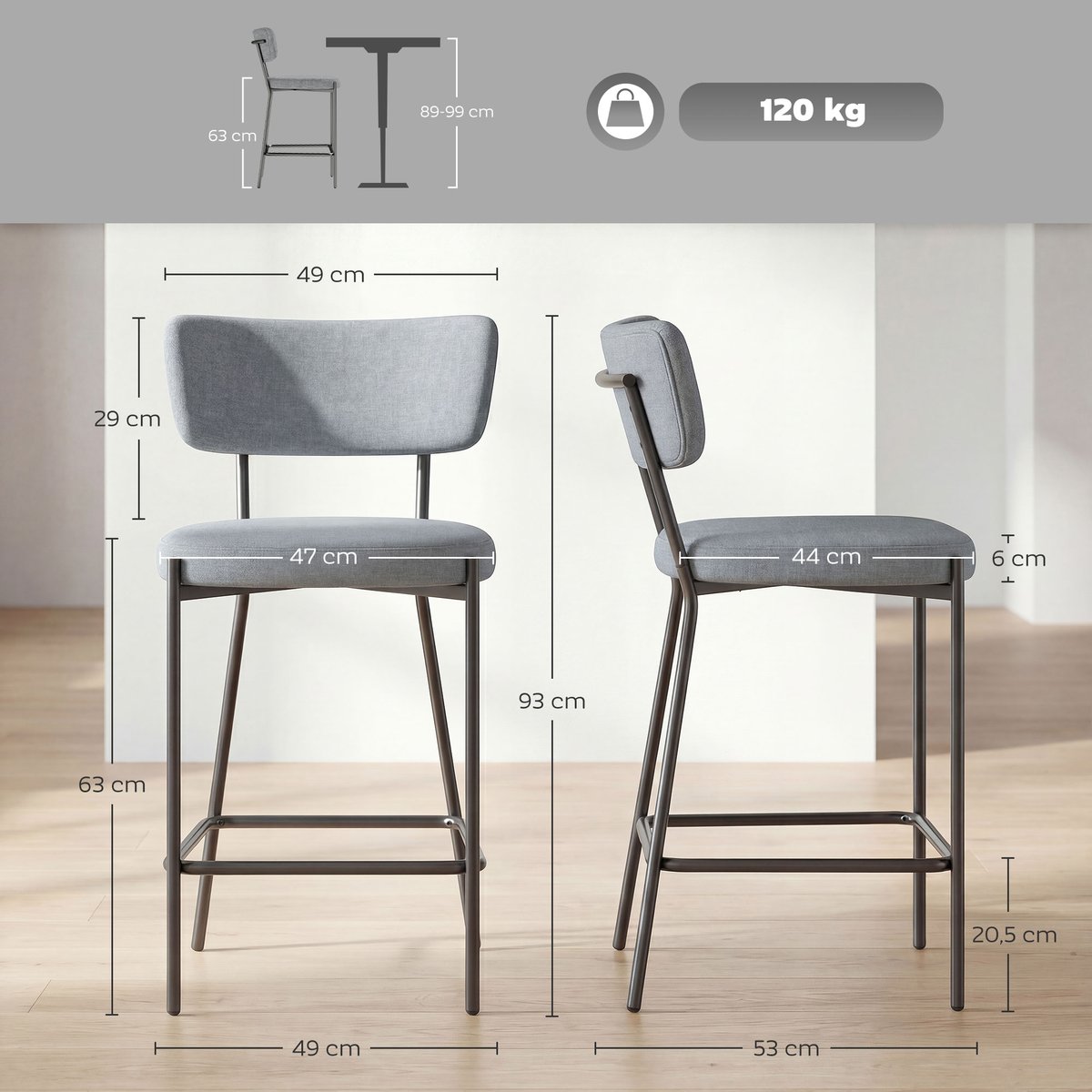 Tabouret de bar Tissu effet lin (100 % gris clair, HOMCOM