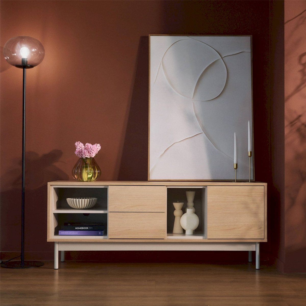 Meuble tv LAYEN 1 porte 2 tiroirs effet chêne lindberg et beige cachemire, RECOLLECTION