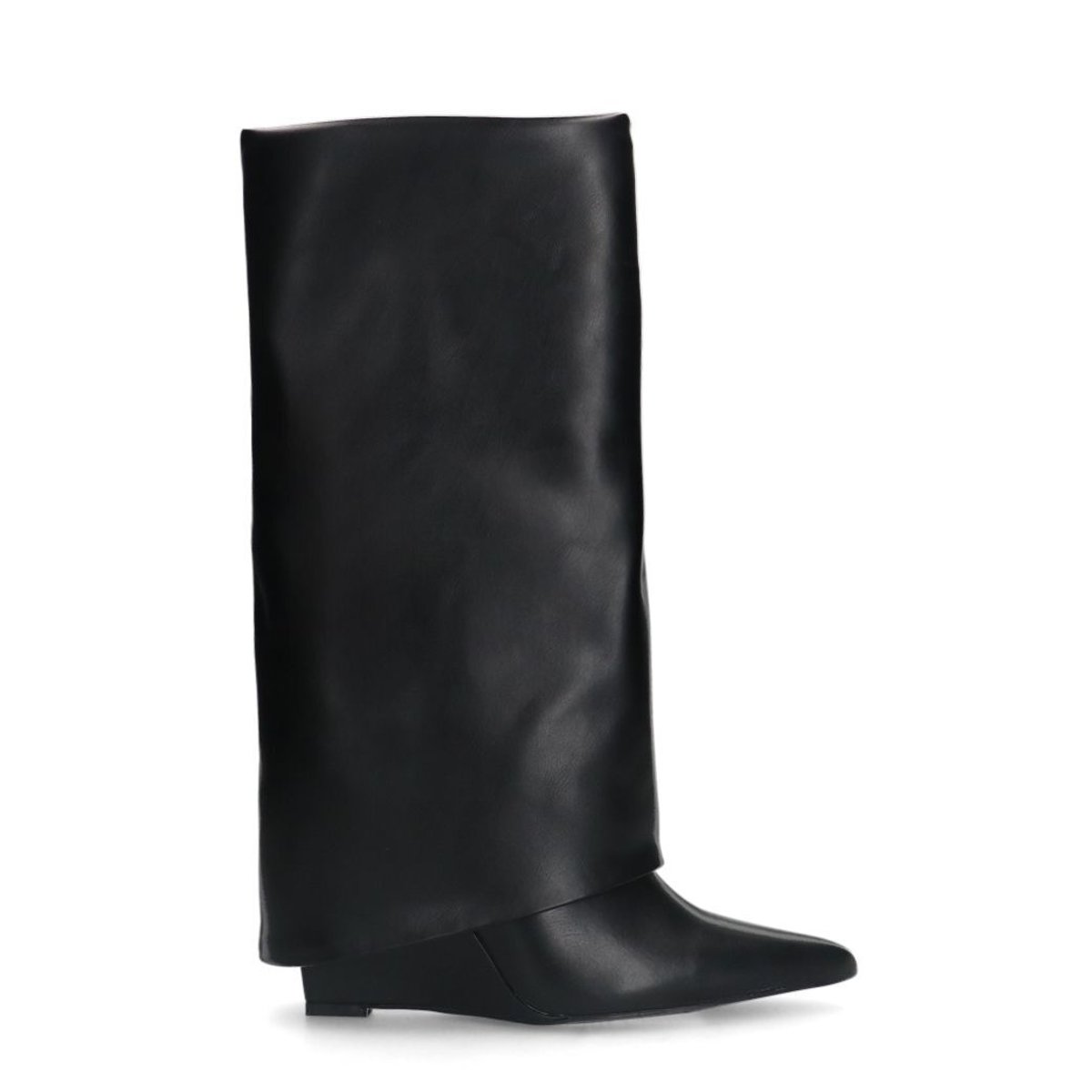 Bottes hautes à talon compensée en cuir à rabat noir, SACHA