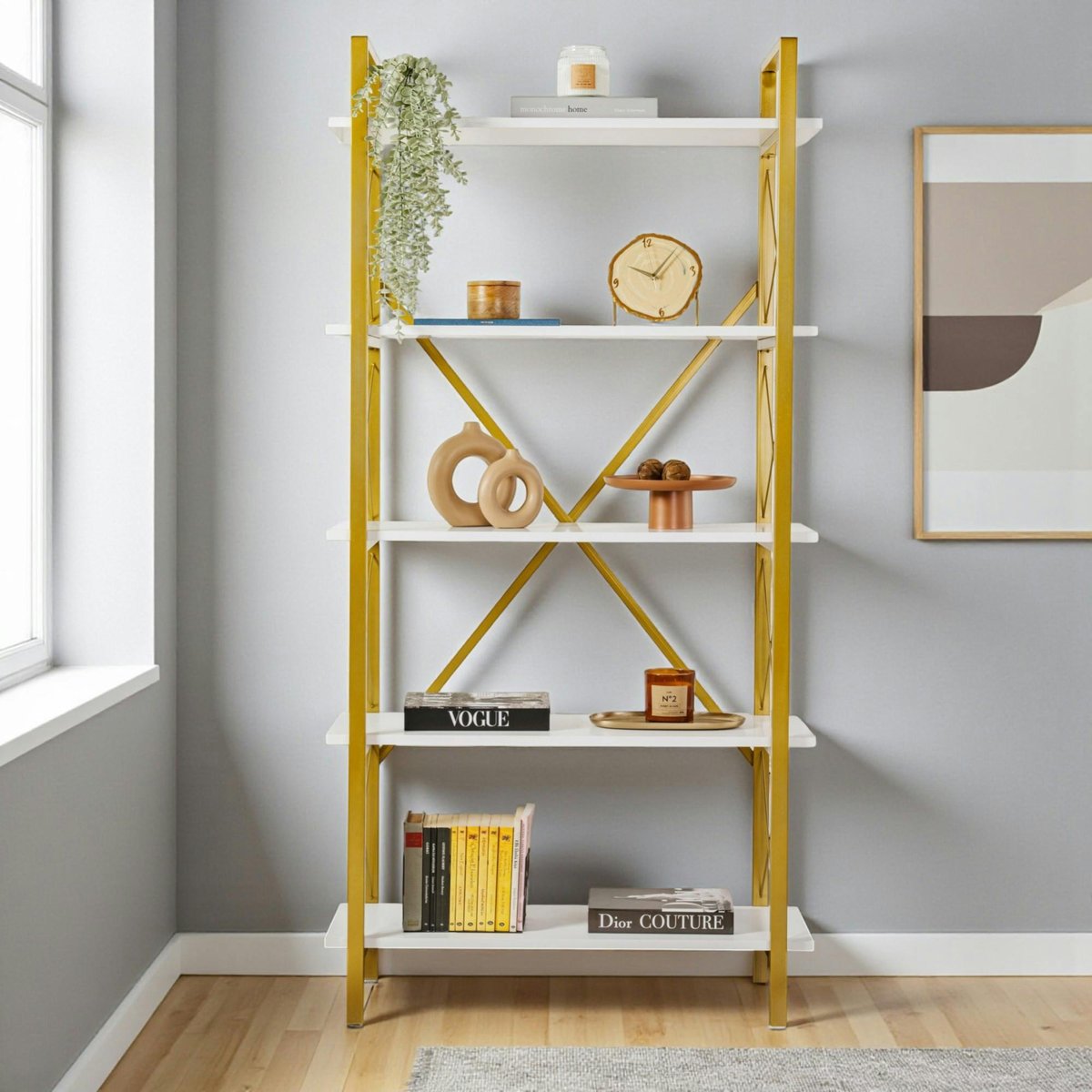 Etagère 5 niveaux avec croisillons métal JENA doré, PIER IMPORT