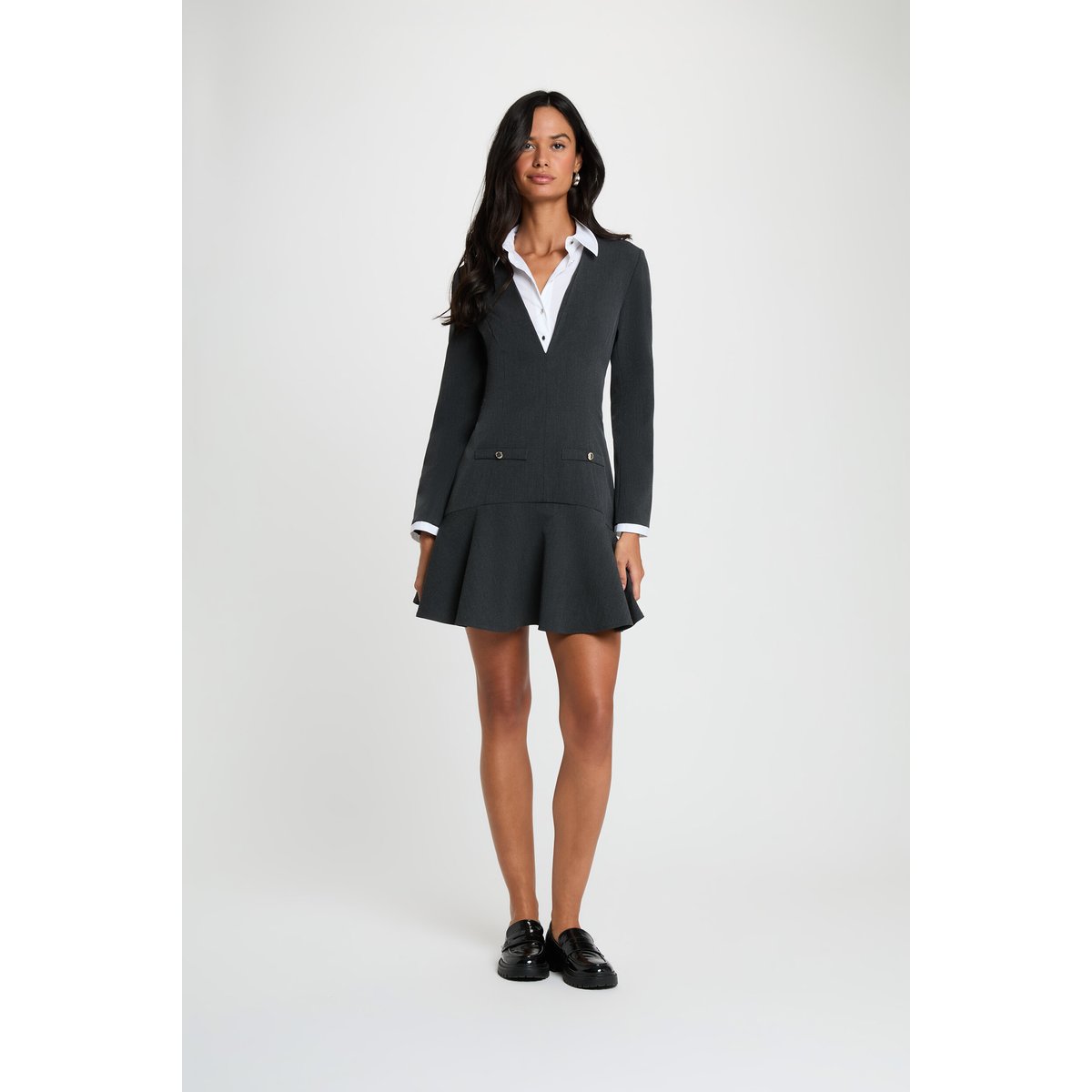 Robe courte col à revers gris clair, MORGAN