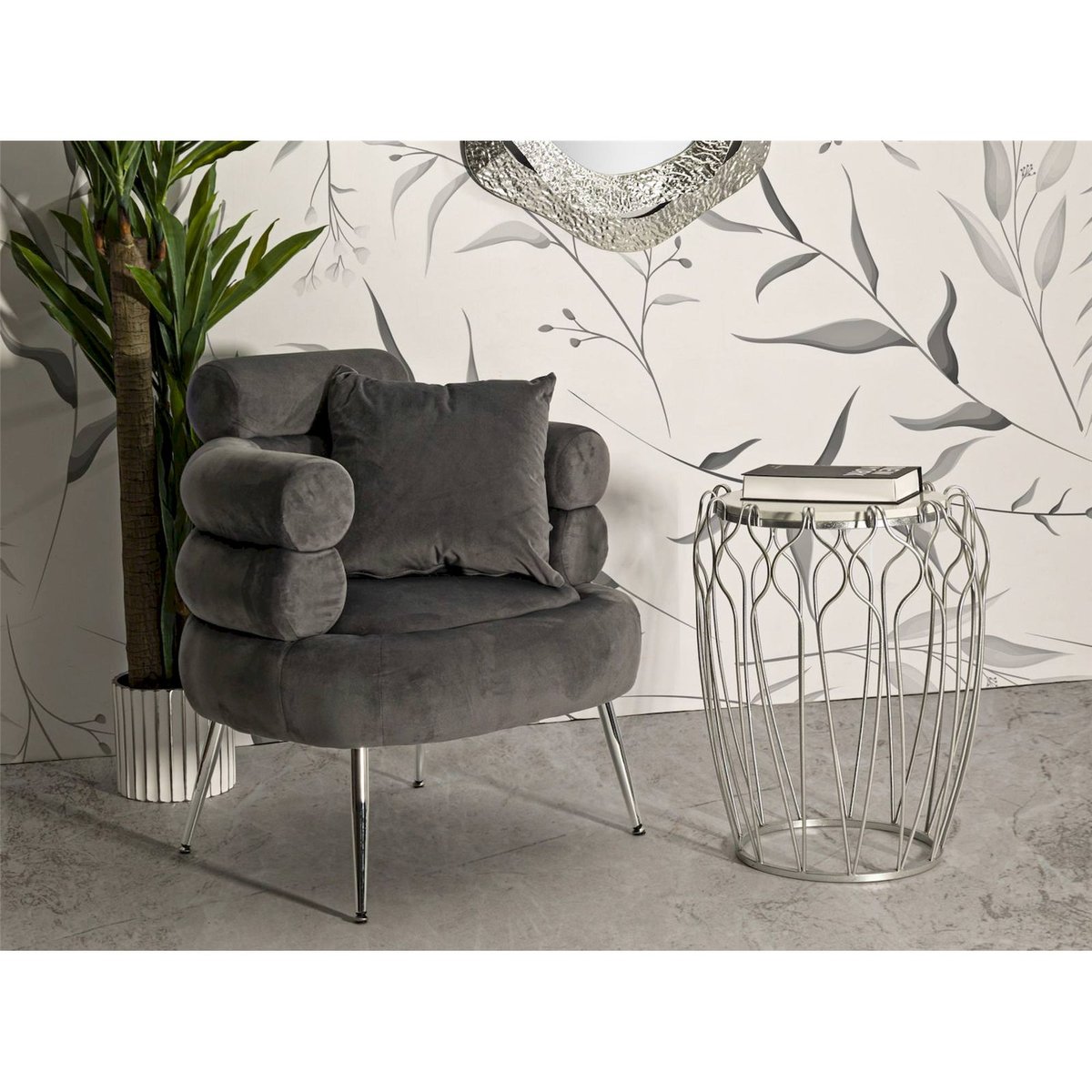 Table d'appoint ronde en marbre et fer GLAM argenté et marbre clair, RECOLLECTION