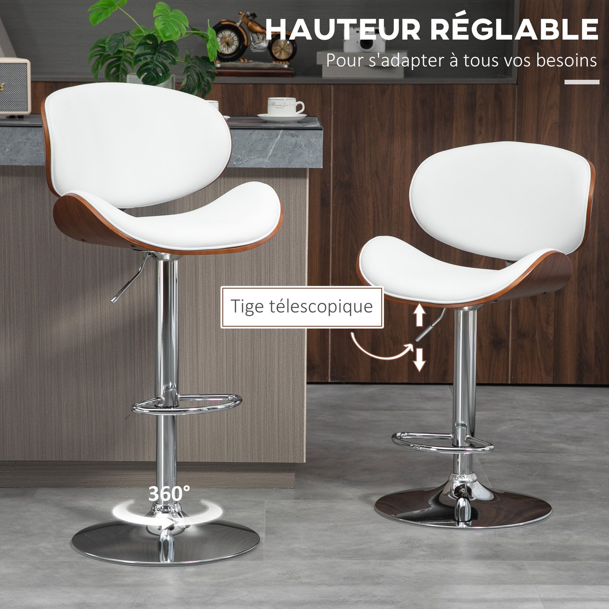 Tabouret de bar Revêtement synthétique Blanc blanc, noyer, argent, HOMCOM