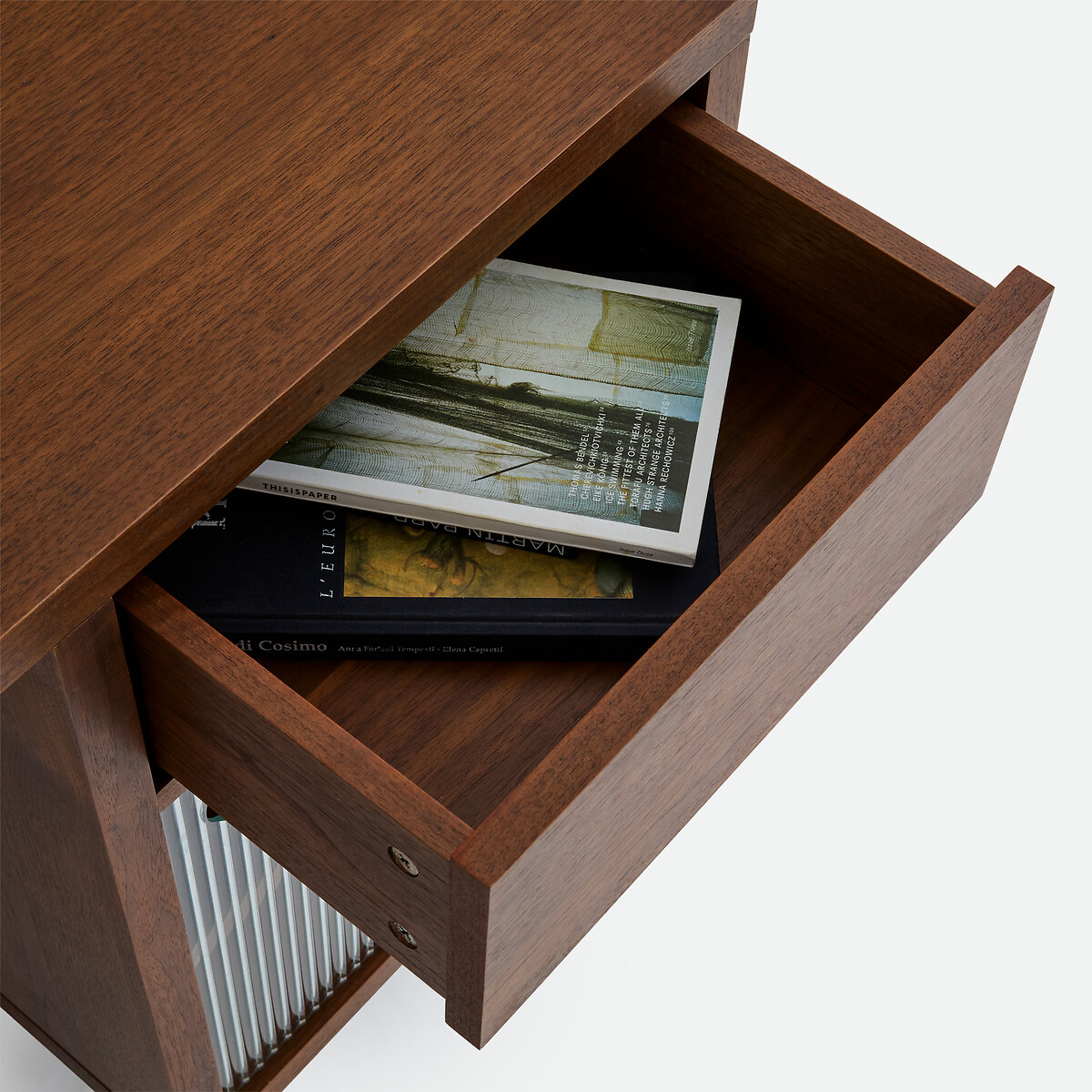 Bureau, plaqué noyer, portes verre strié, DELLO coloris noyer, LA REDOUTE INTERIEURS
