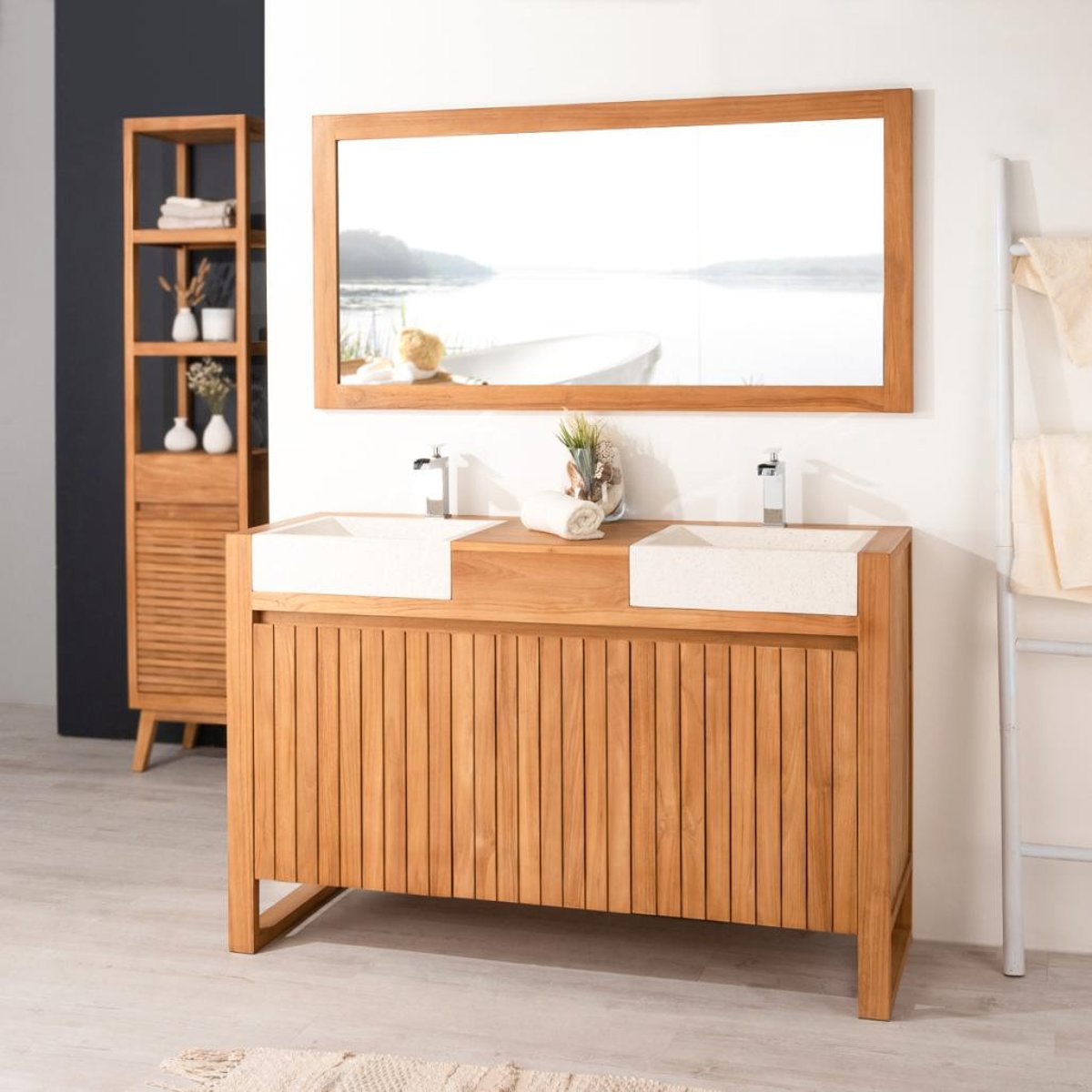 Meuble et vasques en teck rectangle de 140 LUXE crème, WANDA COLLECTION