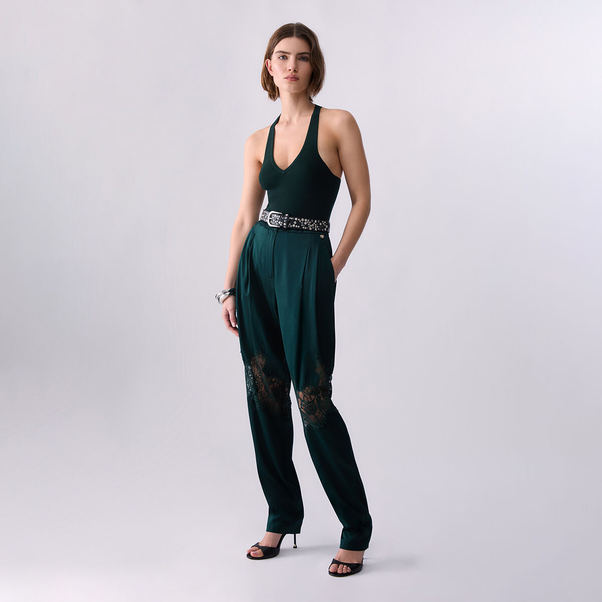 Pantalon en satin avec détails en dentelle vert foncé, LIU JO