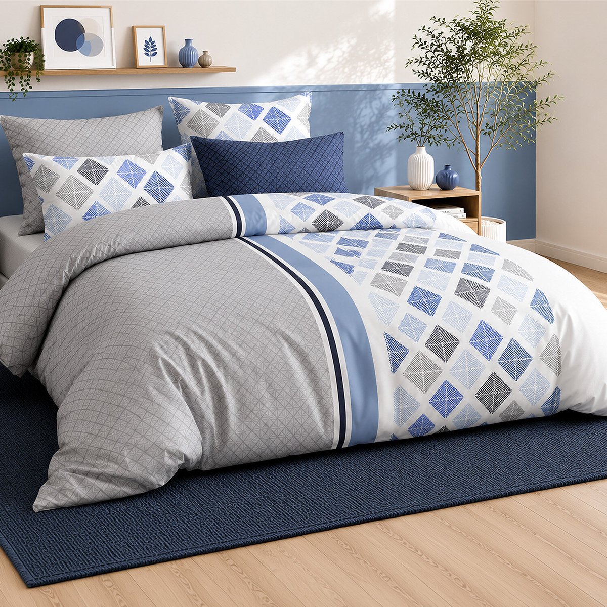 Parure de lit en percale de coton motif géométrique à losanges, BLEVARIS multicolore, ATELIER DU COTON