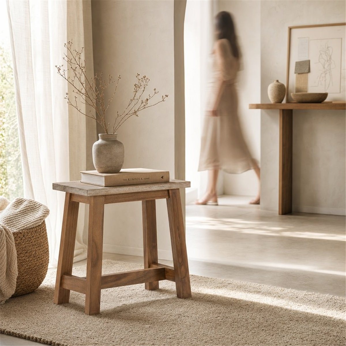 Tabouret en bois massif naturel blanc lavé, RECOLLECTION