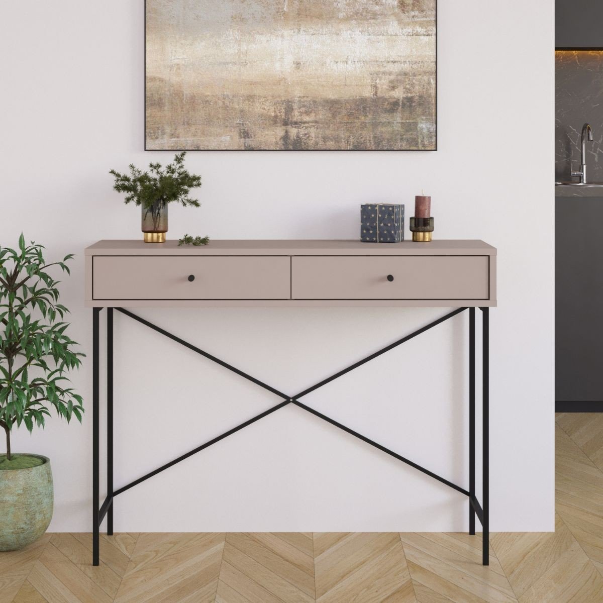 Console 2 Tiroirs Couleur moka et Pieds en Métal L110 cm - Titan marron, CALICOSY