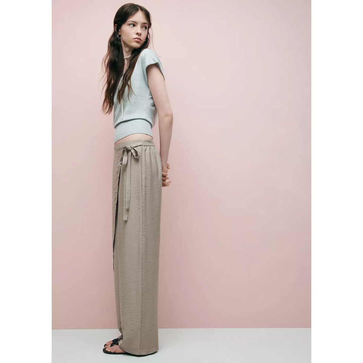 Pantalon wide leg paréo marron moyen, MANGO TEEN