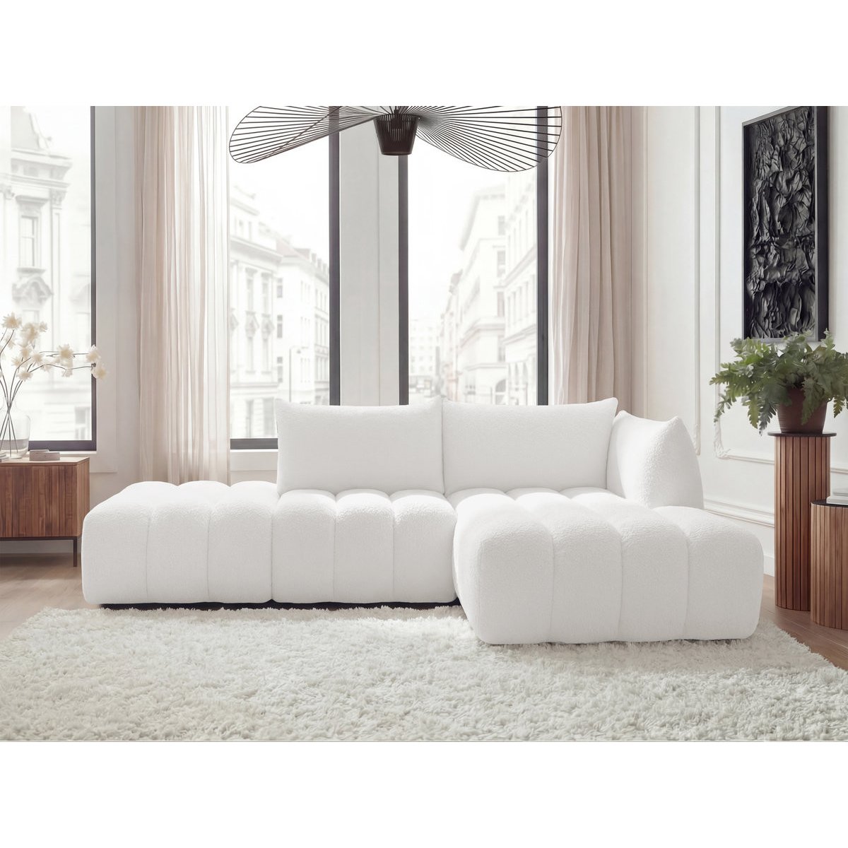 Canapé modulable 4 places en tissu bouclette, AZRA blanc, BOBOCHIC