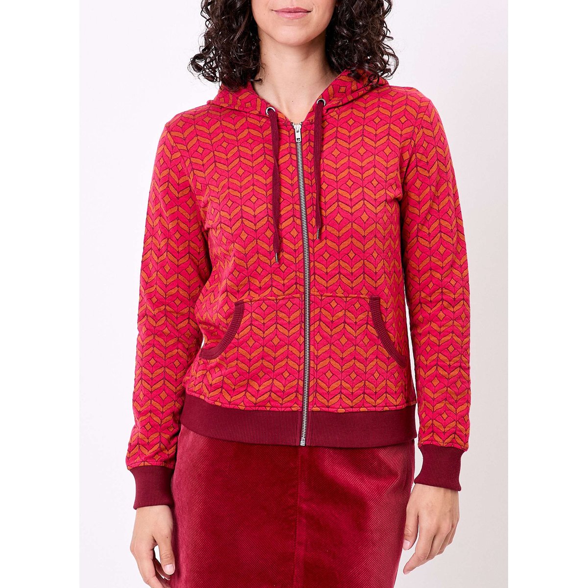 Sweat zippé maille jacquard YUMI rouge grenade, LA FIANCÉE