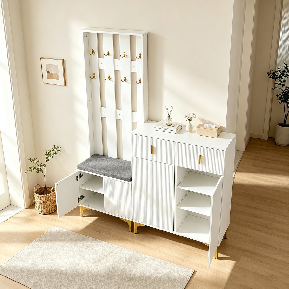 Vestiaire d'entrée avec banc et rangement, PORTER-L blanc, MEUBLES COSY