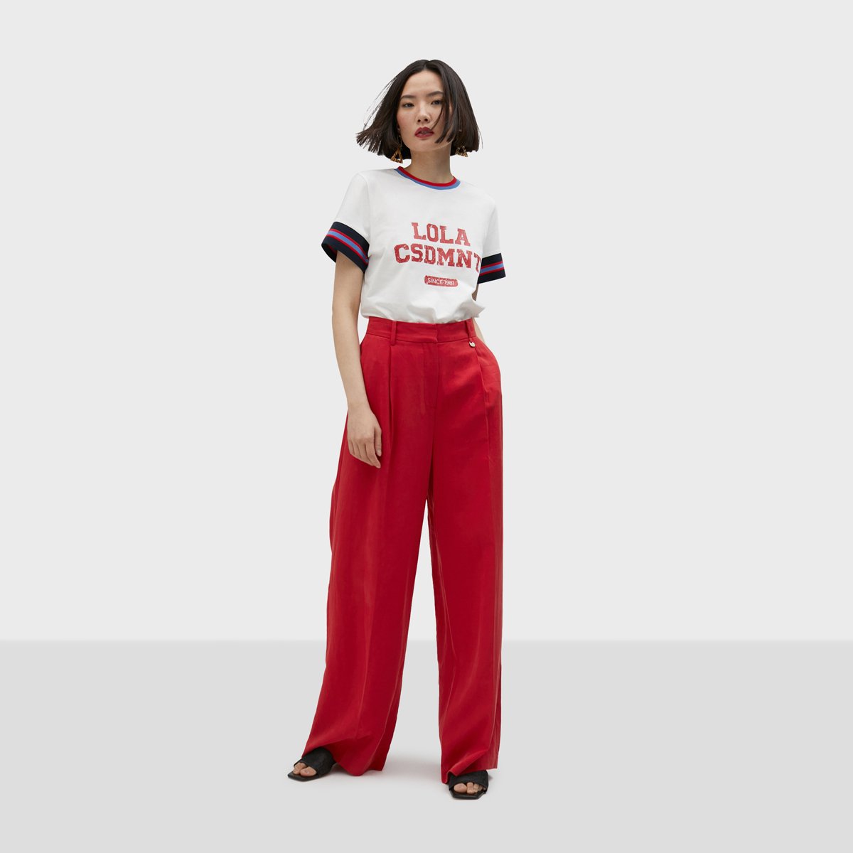 Pantalon palazzo taille haute en lin mélangé rouge foncé, LOLA CASADEMUNT