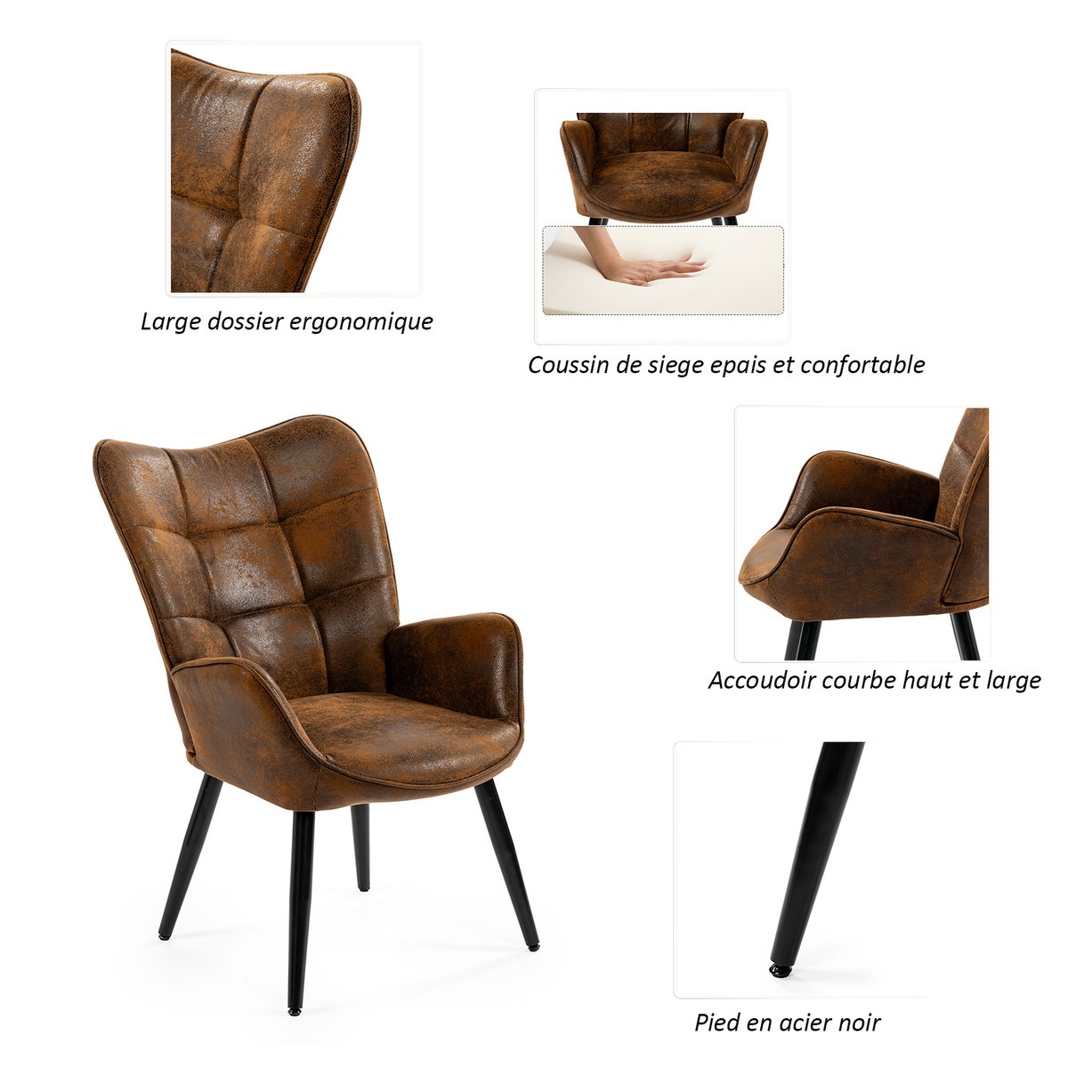 Fauteuil confortable bas style rétro vintage dossier moyen assise confortable pieds métal, KANAS marron, MEUBLES COSY