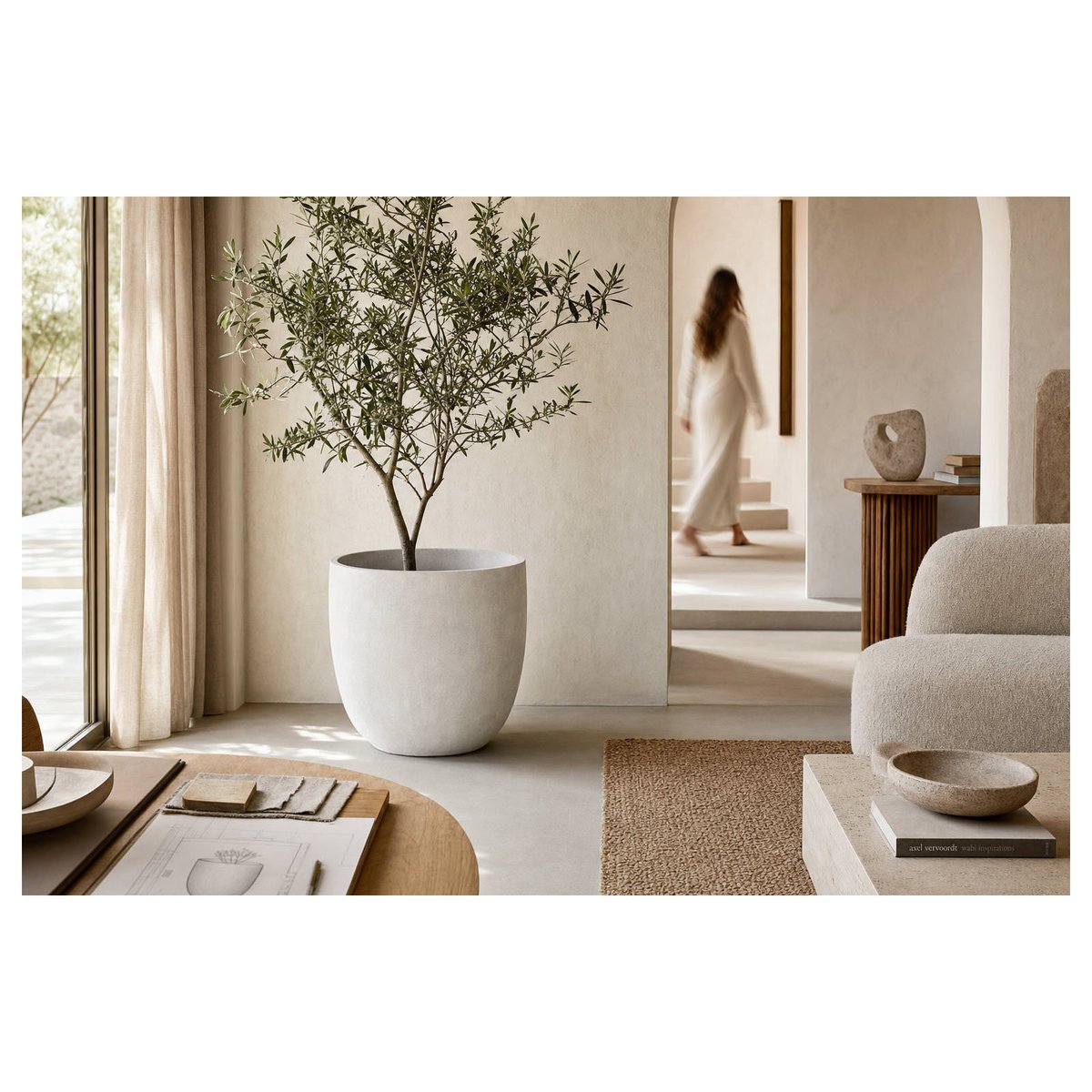 Cache-pot rond en fibres-ciment blanc effet ciment, RECOLLECTION