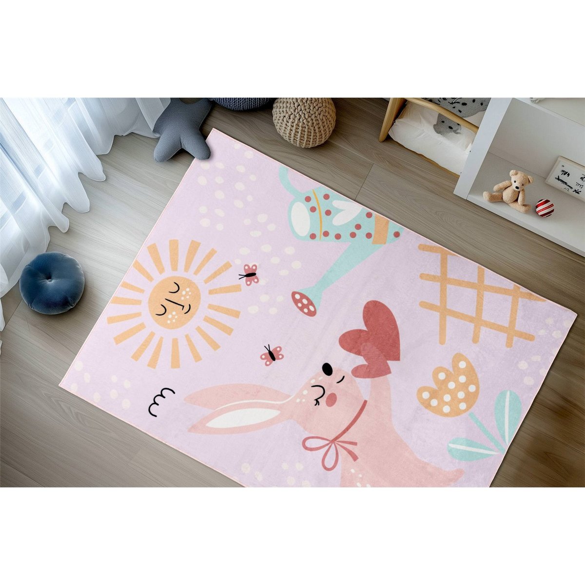 Tapis de jeu enfant rectangulaire motif lapin rose pastel lilas pour enfant, ARTE ESPINA