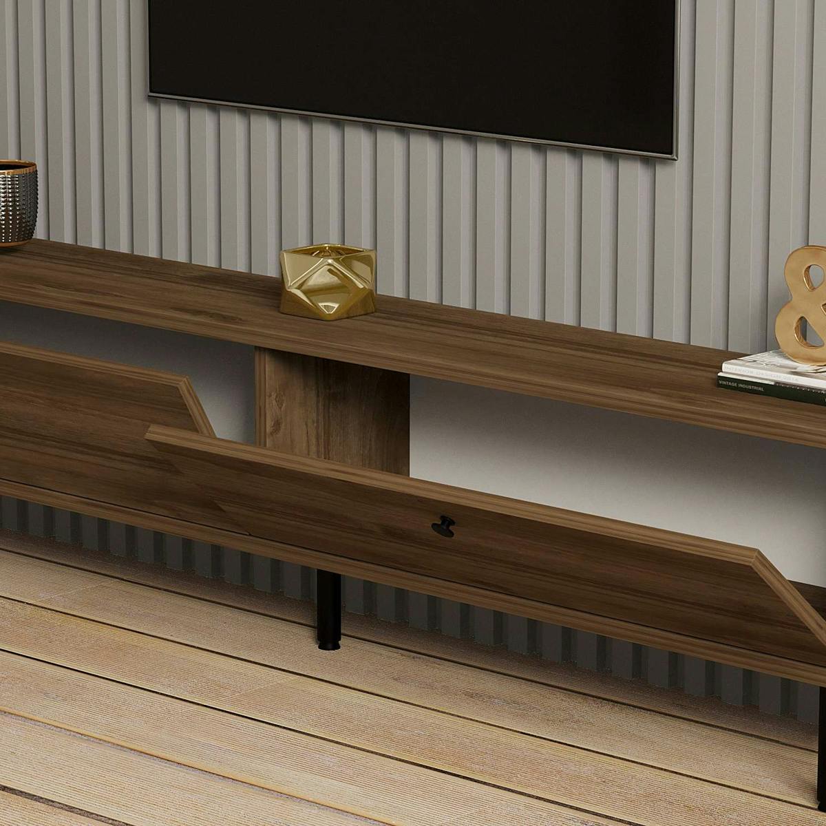 Meuble TV moderne 2 portes effet bois foncé JENA bois naturel, PIER IMPORT
