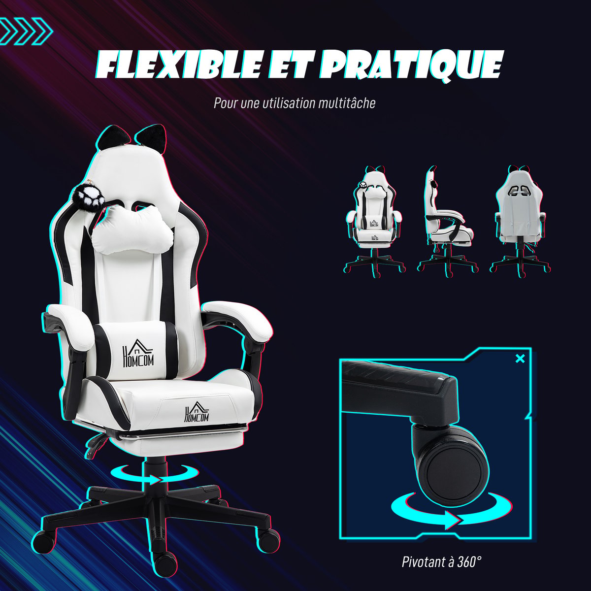 Fauteuil gaming Plastique Blanc blanc, noir, HOMCOM