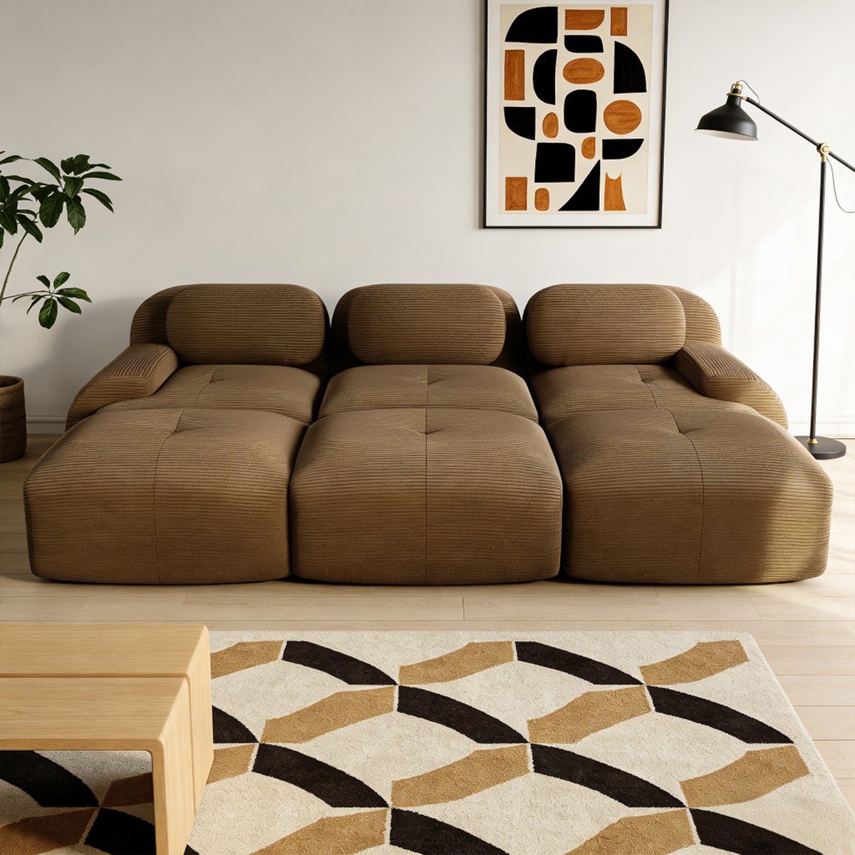 Canapé d'angle réversible 3 places avec 3 poufs en velours côtelé, SNOW marron, MEUBLES COSY