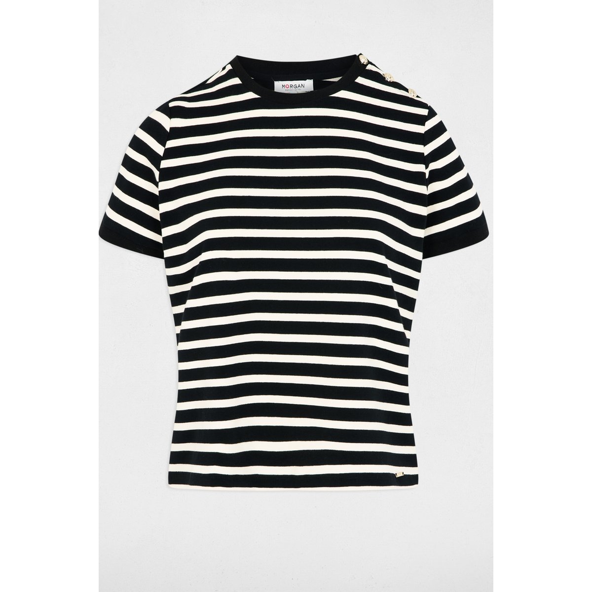 T-shirt rayé col rond noir, MORGAN
