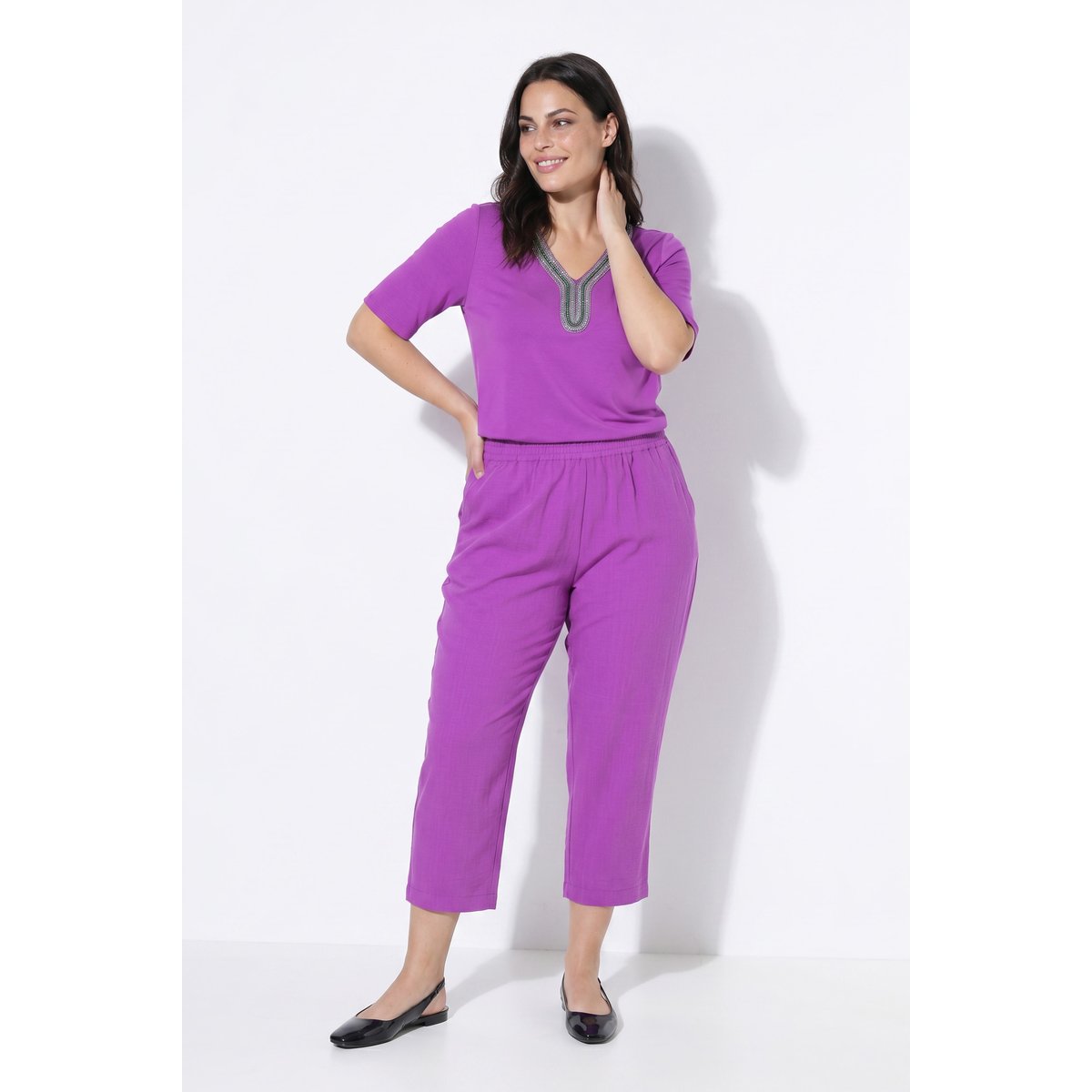 Jupe-culotte à taille élastique. Jambe large violet, ULLA POPKEN