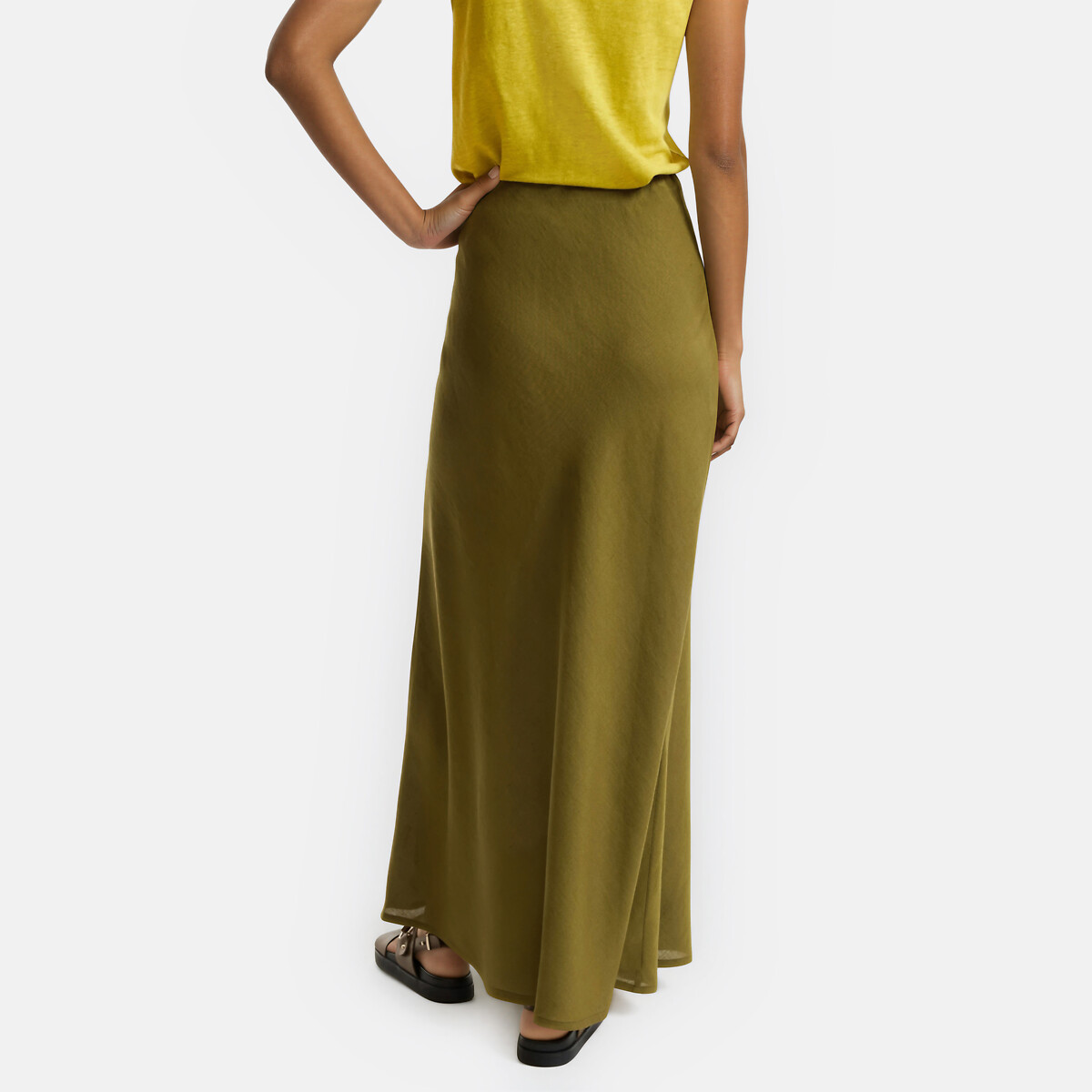 Jupe longue évasée en viscose et lin vert kaki, LA REDOUTE COLLECTIONS