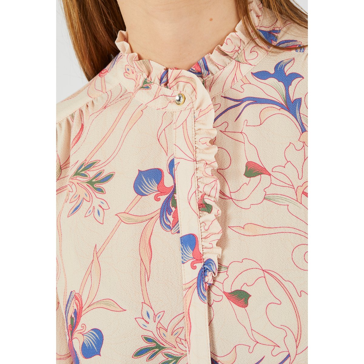 Chemisier crêpe à volants marron beige floral, DAMART