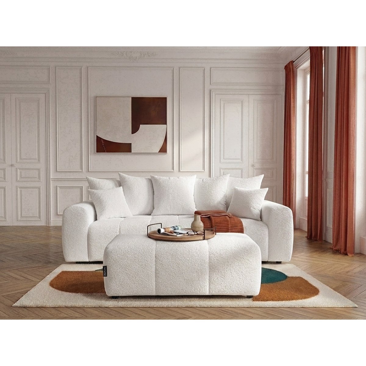 Canapé droit convertible 3 places en tissu bouclette avec pouf, ROXELANE blanc, BOBOCHIC