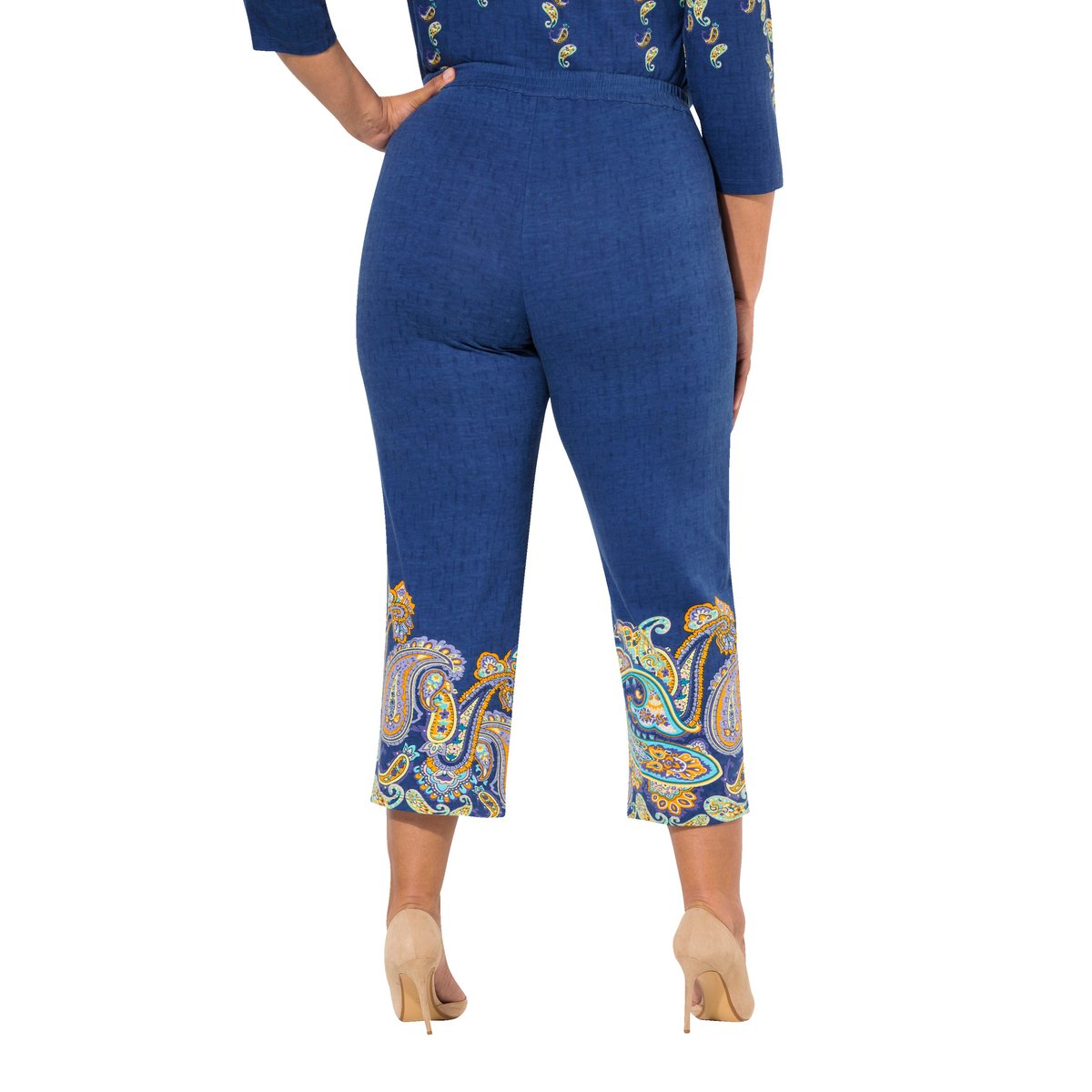 Pantalon en jersey 7/8 à jambe droite. Frise pétrole foncé, ULLA POPKEN
